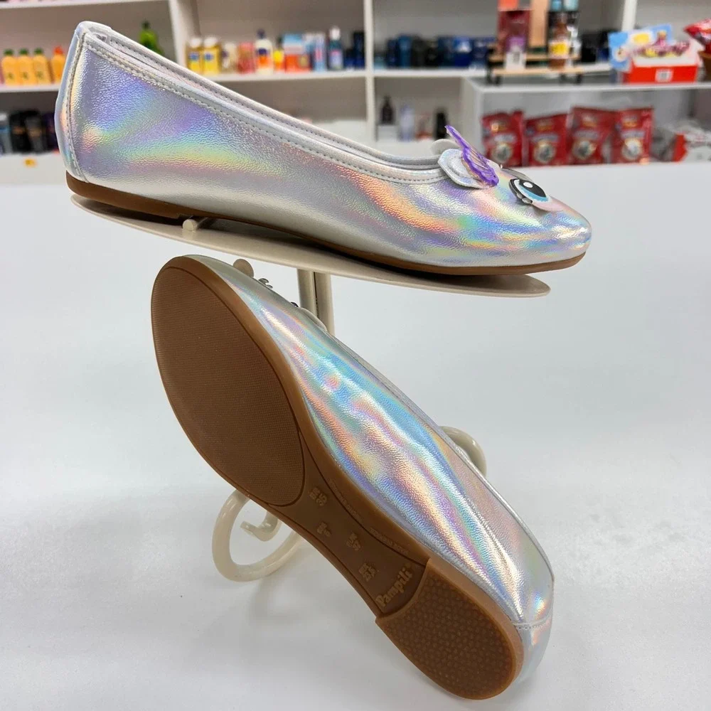 Pampili Fofura Kids Silver Holographic Mermaid Seashell Character Flats Sz 35